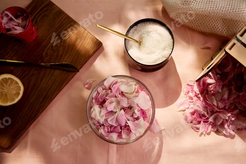 Preview: Rustic homemade organic jam preparing with sugar, lemon and tea rose petals. Natural shadows.