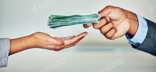 Preview: Paper money, payment or loan cash from a finance manager, banking employee or boss. Hand holding ba