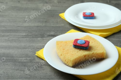 Preview: Concept of Dishwashing detergent accessories on gray textured table