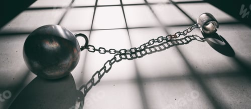 Preview: Prison ball and chain, open shackle on dungeon floor close up. Incarceration and escape. 3d render