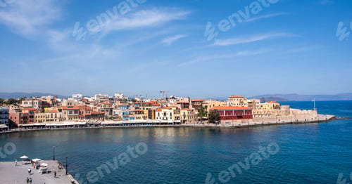 Preview: Crete, Chania old port. Lighthouse Nautical Museum and Firkas Fortress, blue sky