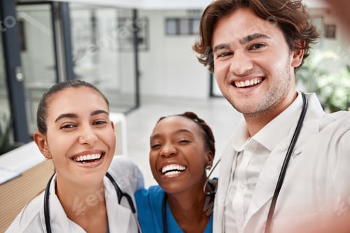 Preview: Healthcare, hospital and doctors taking selfie, bonding while working together and having fun. Medi