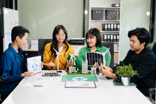 Preview: Asian professionals collaborate on sustainable energy solutions with wind turbines, solar panels,