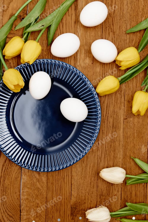 Preview: blue plate on the table easter eggs decoration spring holiday