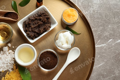 Preview: Ingredients for natural body scrub on metal tray