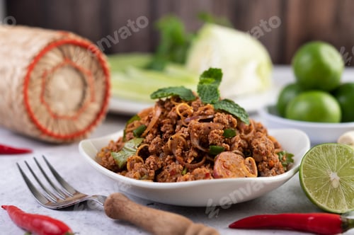 Preview: Spicy minced pork in a white plate.