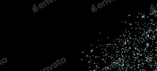 Preview: Golden and blue confetti isolated on black background. Shiny particles. Party