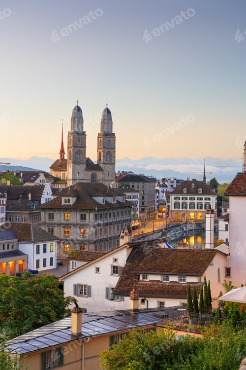 Preview: Zurich, Switzerland Town Skyline at Dawn