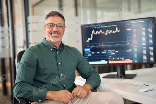 Preview: Happy financial investor, stock trader or adviser at work, stockbroker portrait.