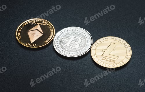 Preview: Cryptocurrency litecoin,Silver Bitcoin,Ethereum on black rough background