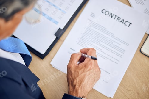 Preview: Legal, contract and signature with businessman hand, pen and lawyer with document, paperwork or dea