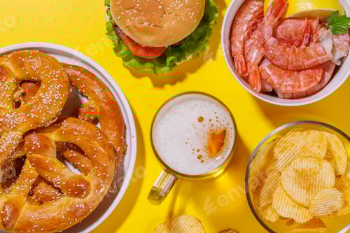 Preview: A vibrant photo showcasing a glass of beer surrounded by various snacks and fast food