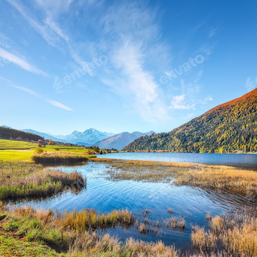 Preview: Fabulous autumn view of Haidersee (Lago della Muta) lake with Ortler peak on background.