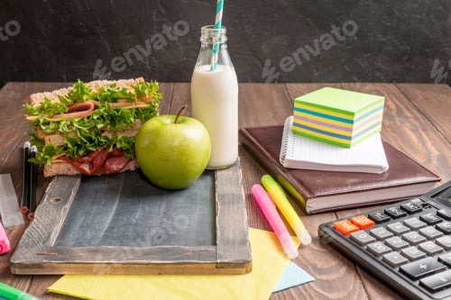 Preview: School lunch with sandwich, milk and apple