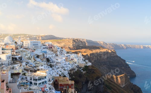 Preview: Fira town on Santorini hanging on cliffs edge. Vacation destination on Santorini, Cyclades in Greece