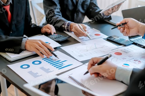 Preview: Business people brainstorm, discuss, plan and analyze business investment data graphs in meeting roo