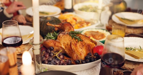 Preview: Chicken, dining table and thanksgiving celebration with wine, festive holiday and food on vacation.
