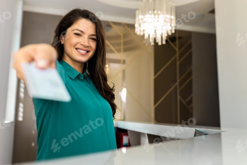 Preview: Portrait of female receptionist showing key card towards the camera at reception desk.