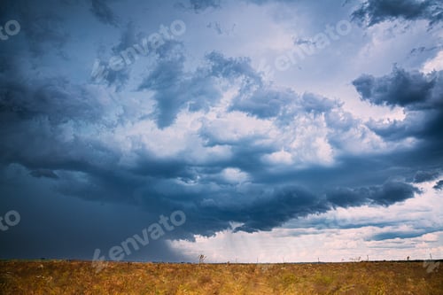 Preview: Sky During Rain Horizon Above Rural Landscape Field. Agricultural And Weather