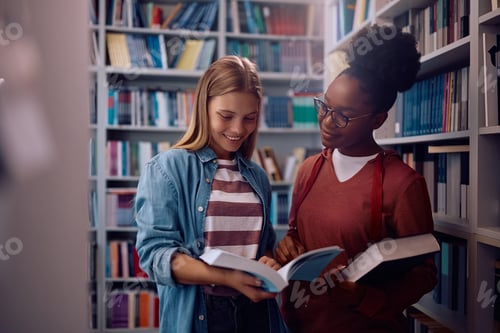 Preview: Happy female friends studying in library at the university.