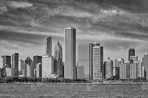 Preview: Black and white photo of Chicago city skyline, USA