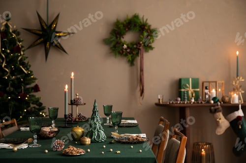 Preview: Christmas composition of dinning room interior with table. Template