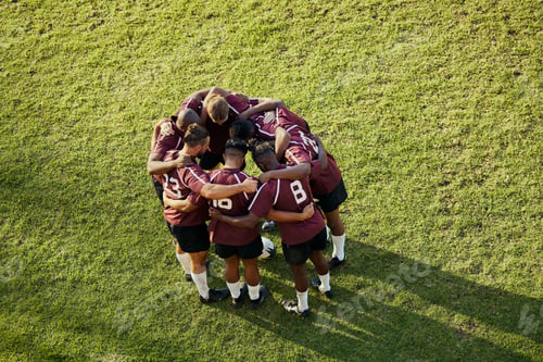 Preview: Top view, soccer and teamwork with huddle, exercise and fitness with support, wellness and motivati