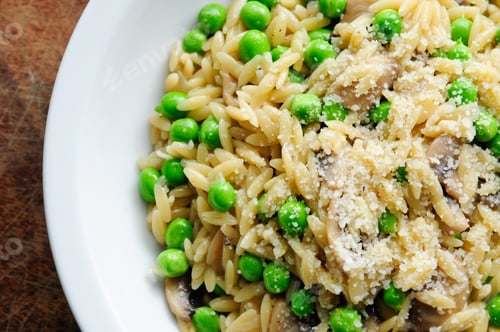Preview: green pea pesto and orzo pasta and sauteed mushrooms