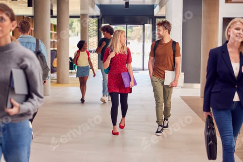 Preview: Male And Female Students In Busy University Or College Building Talking As They Walk Along Corridor