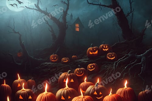 Preview: An illustration of a spooky, foggy Halloween woodland filled with jack-o-lantern pumpkins.