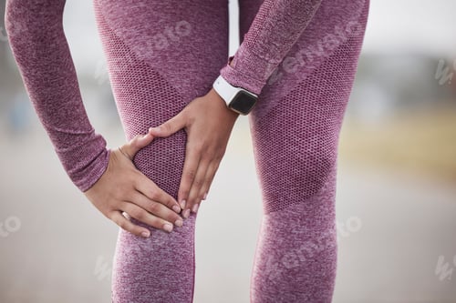 Preview: Exercise, outdoor and woman with knee pain, injury and accident while training, fitness and wellnes