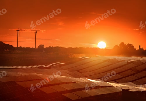 Preview: Solar panel station and silhouettes of wind turbines against the evening sky sunset