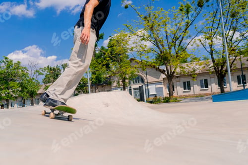 Preview: Young guy skateboarder skateboarding around the city skatepark next to the figures for stunts