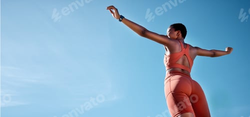 Preview: Woman, arms up or fitness success on blue sky background in workout, training or exercise goals for