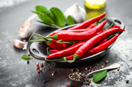 Preview: red hot chili pepper corns and pods on dark old metal culinary background