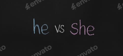 Preview: Words he vs she written on chalkboard
