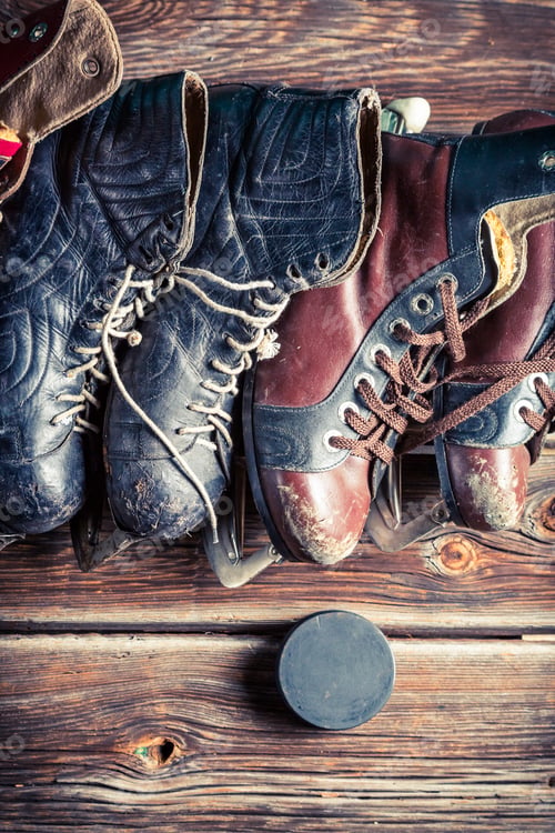 Preview: Closeup of retro skates on old wooden table