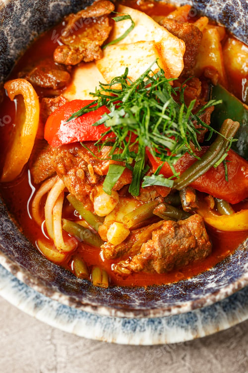 Preview: Traditional asian shurpa soup with lamb and vegetables