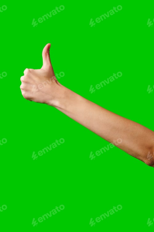 Preview: Person Giving a Thumbs Up Gesture Against a Green Screen Background