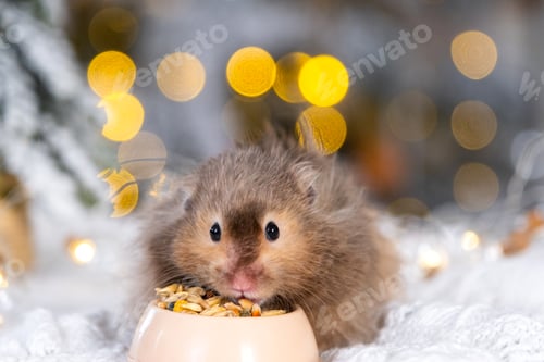 Preview: A funny shaggy fluffy hamster nibbles feed seeds from a bowl on a Christmas