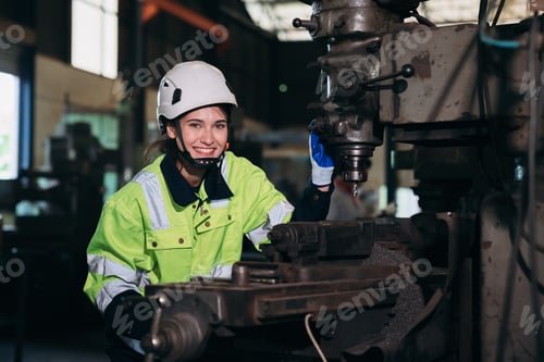 Preview: Portrait of Engineer inspecting and check up machine at factory machines.