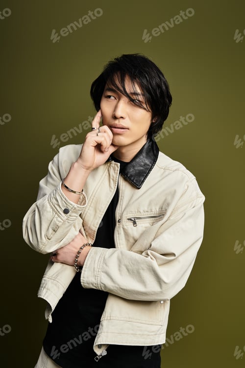 Preview: Stylish young man in a chic outfit showcases contemporary fashion in a studio
