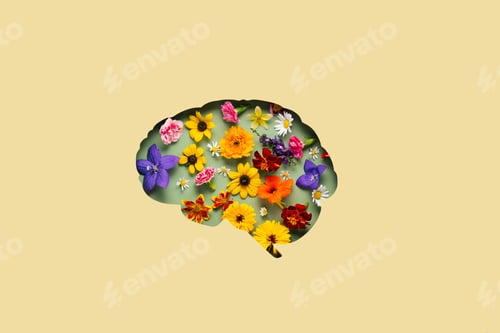 Preview: Paper cut brain symbol and flowers on yellow background
