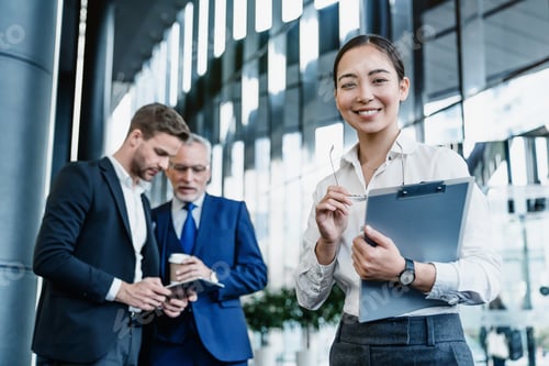 Preview: Portrait of smiling asian business woman with notepad in hands, her collegues on background