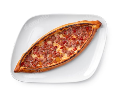 Preview: Turkish boat-shaped flatbread pide isolated on white