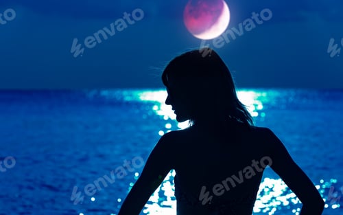 Preview: Silhouette Of A Woman With Distant Ocean Horizon At Night.