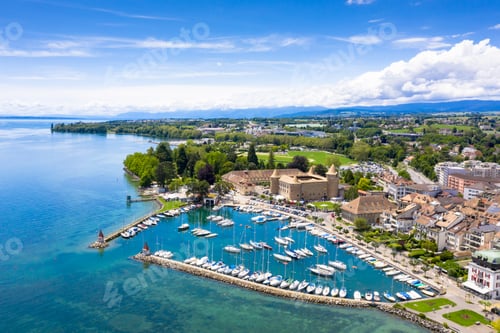 Preview: Aerial view of Morges castle in the border of the Leman Lake in