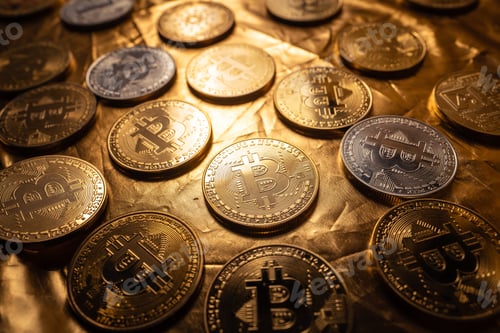 Preview: Bitcoin Cryptocurrency represented as Gold Coins,mining in golden Background