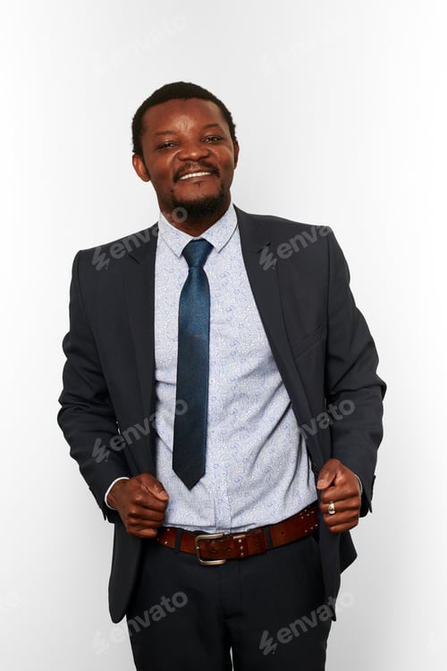 Preview: Smiling joyful african american black man in business suit isolated on white background