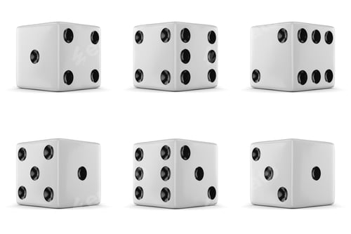 Preview: Set of six white dice with different numbers. 3d rendering.
